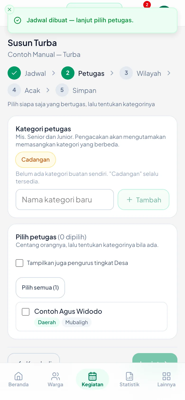 Peragaan: Kategori petugas di atas, daftar calon beserta jabatannya di bawah.