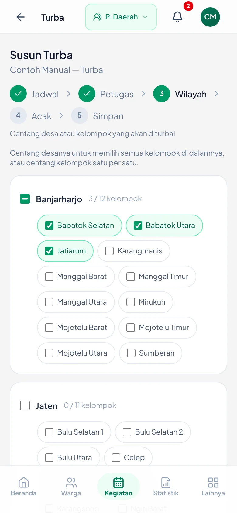 Peragaan: Centang per desa, atau per kelompok satu per satu.