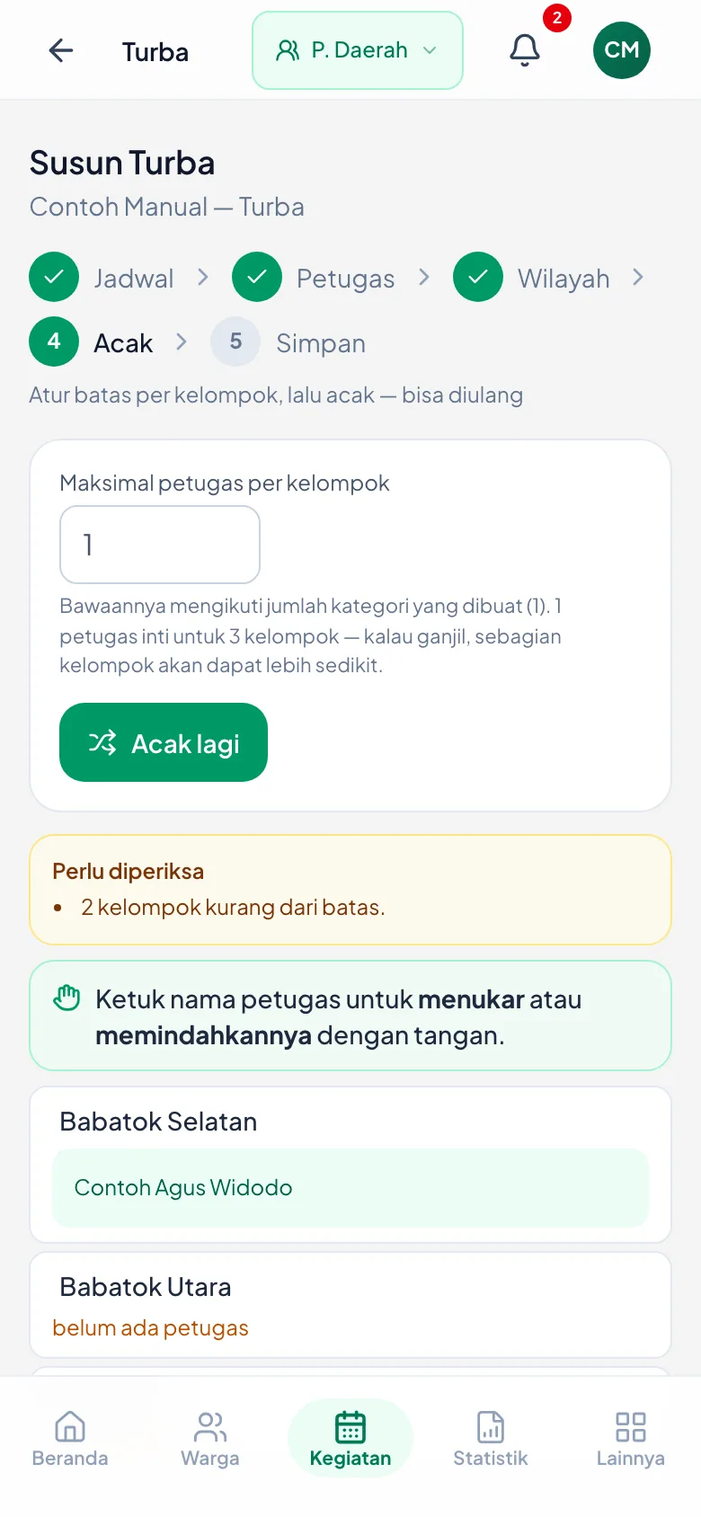 Peragaan: Batas per kelompok di atas, catatan Perlu diperiksa, lalu susunan per kelompok.