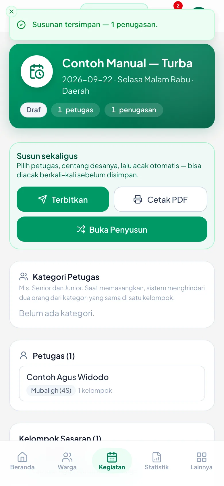 Peragaan: Tanda Draf di kepala, dan tombol Terbitkan · Cetak PDF · Buka Penyusun.