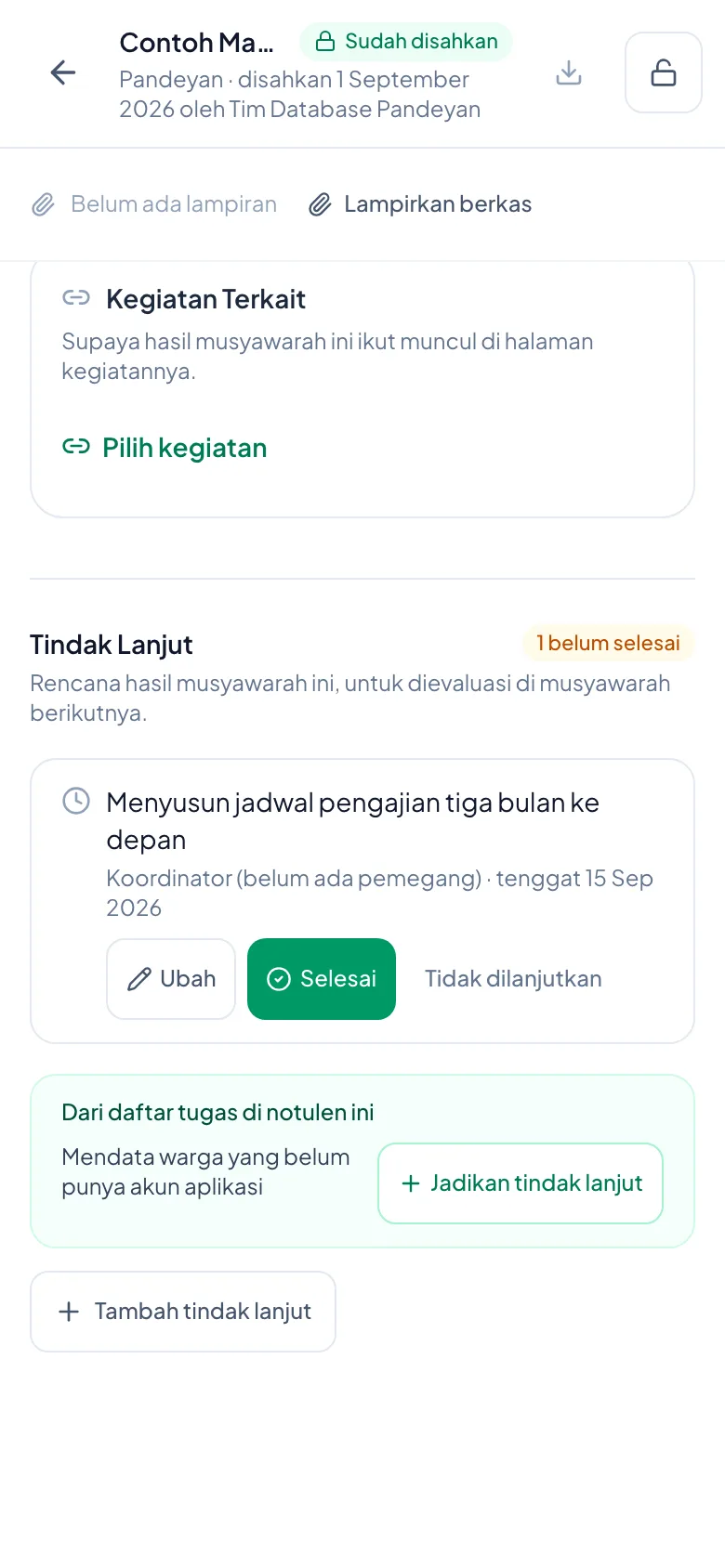 Peragaan: Baris tugas beserta penanggung jawab dan tenggatnya, dan tanda jumlah yang belum selesai.