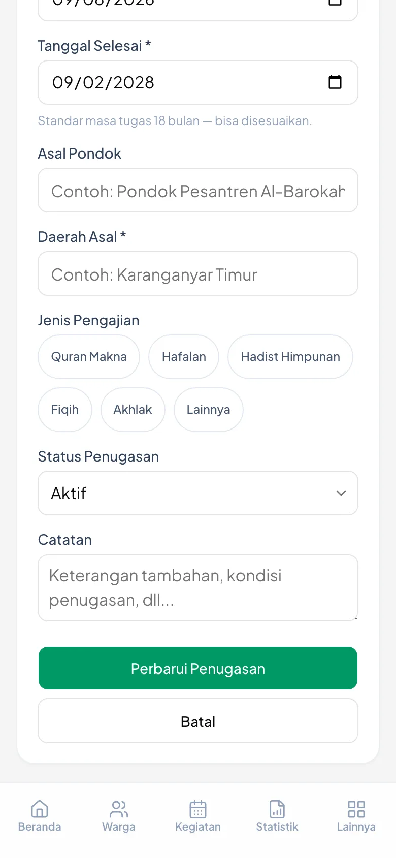 Judulnya berubah jadi Ubah Penugasan, dan isiannya sudah terisi data lama.