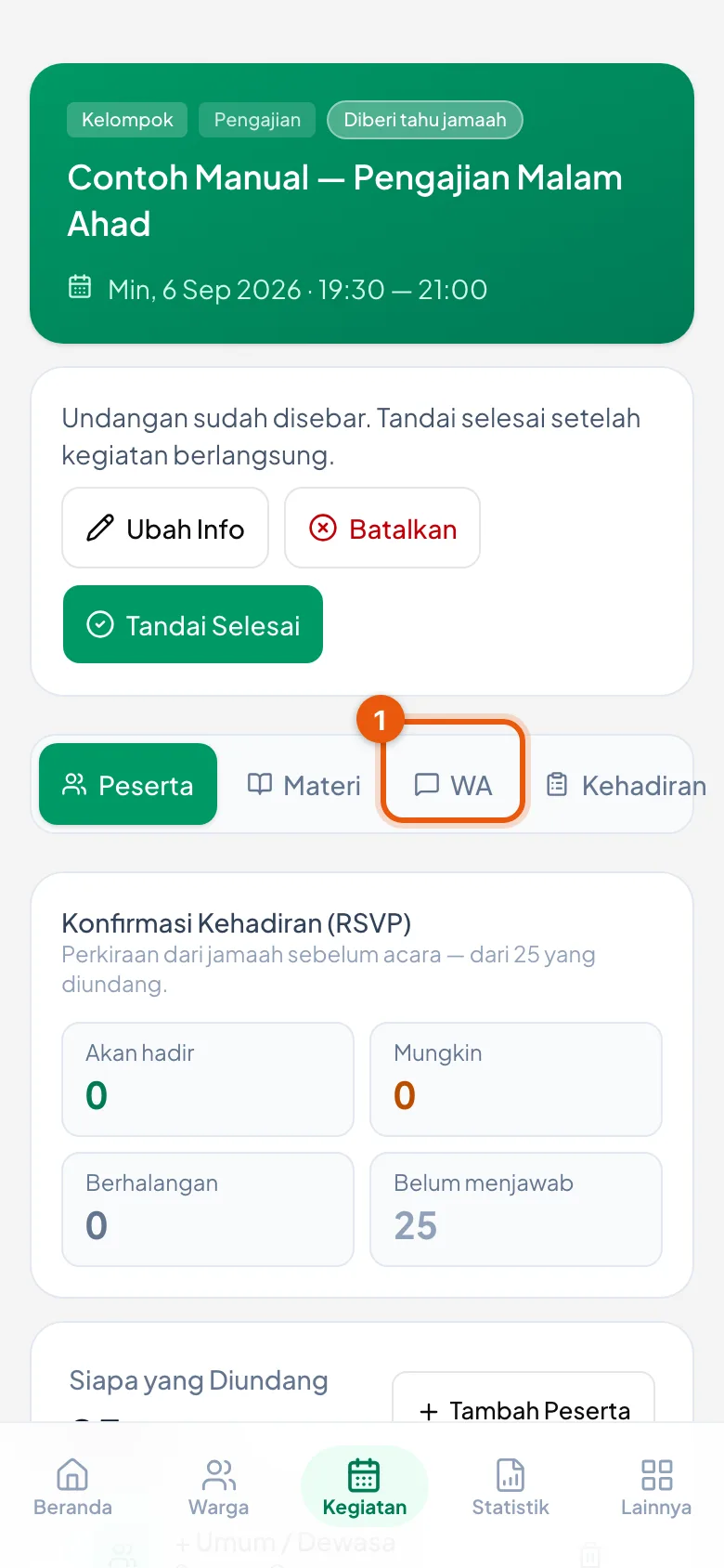 Berjajar dengan tab Peserta, Materi, dan Kehadiran.