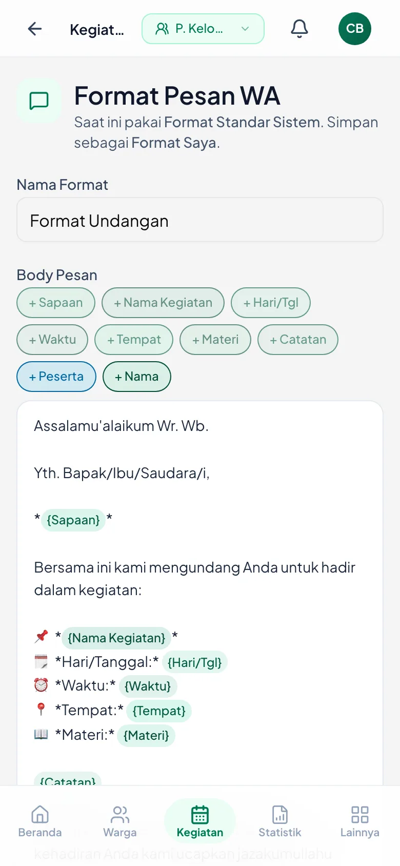 Kotak besar berisi bentuk pesannya; tombol variabel ada di atasnya.