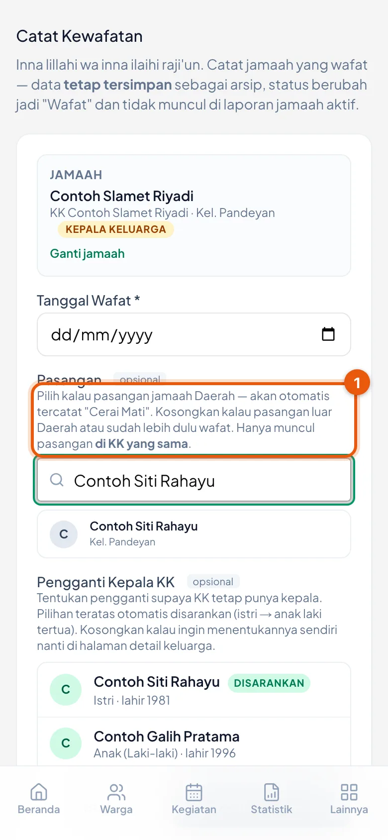 Penjelasan di atas kotak pencarian menyebutkan syaratnya: hanya pasangan di KK yang sama yang muncul.