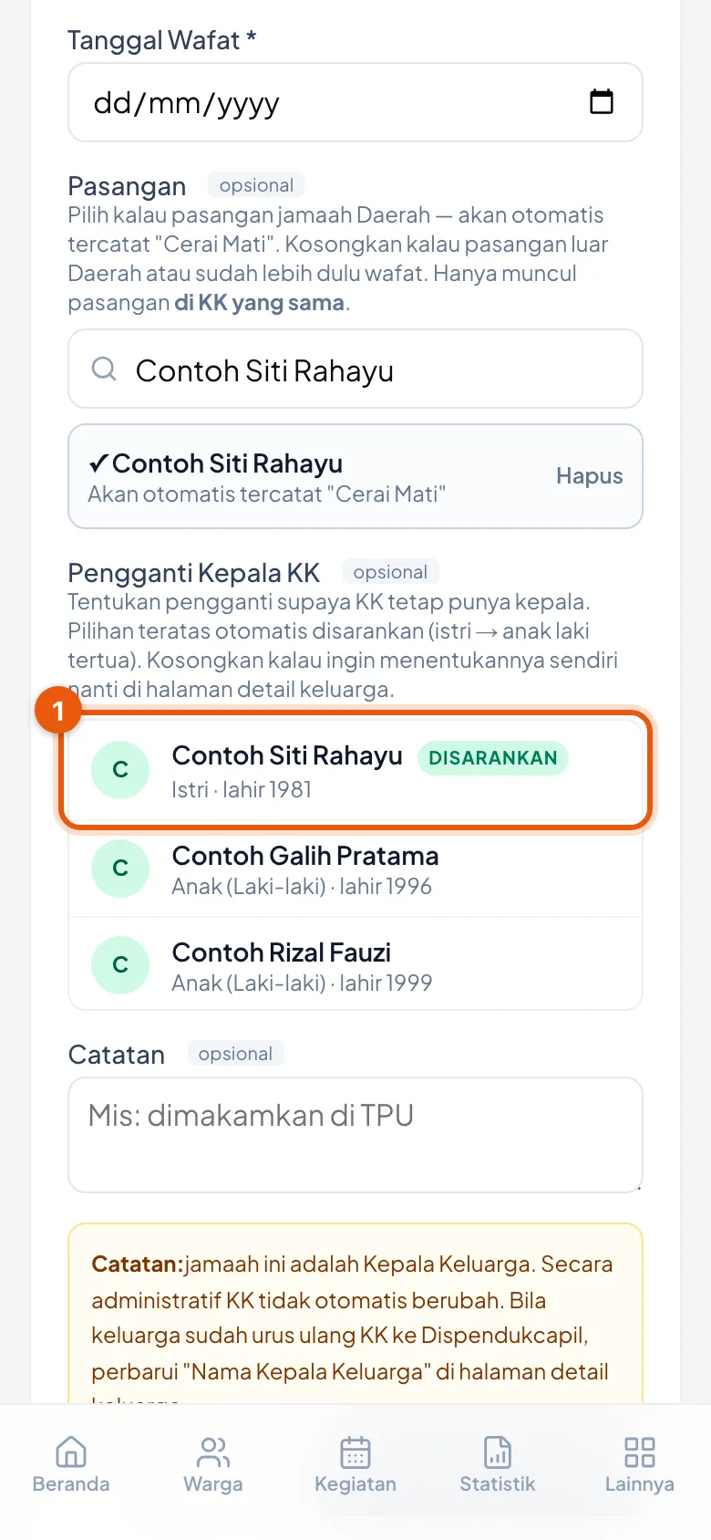 Nama teratas ditandai Disarankan; di bawah tiap nama tertulis perannya sekarang dan tahun lahirnya.