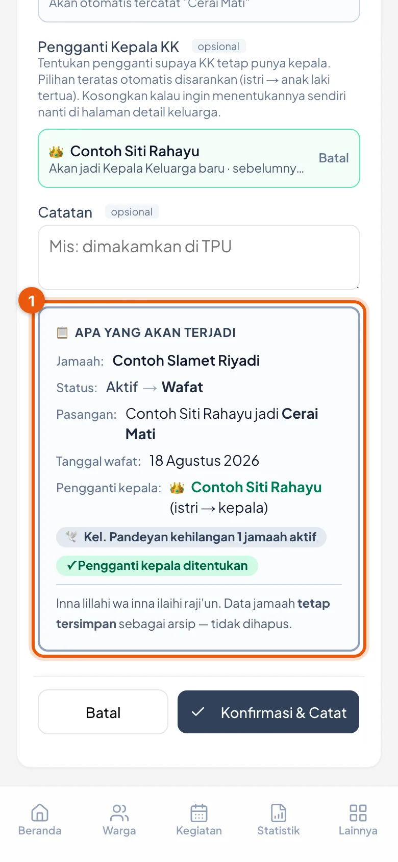 Kotak ini menyebutkan pasangan, tanggal, dan pengganti kepala sekaligus, plus lencana Pengganti kepala ditentukan.