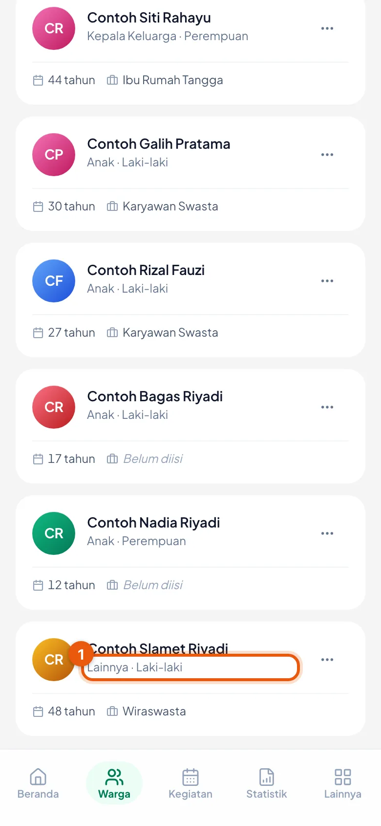 Almarhum tercantum paling bawah dengan peran Lainnya; kepala keluarga di urutan teratas sudah berganti ke istrinya.