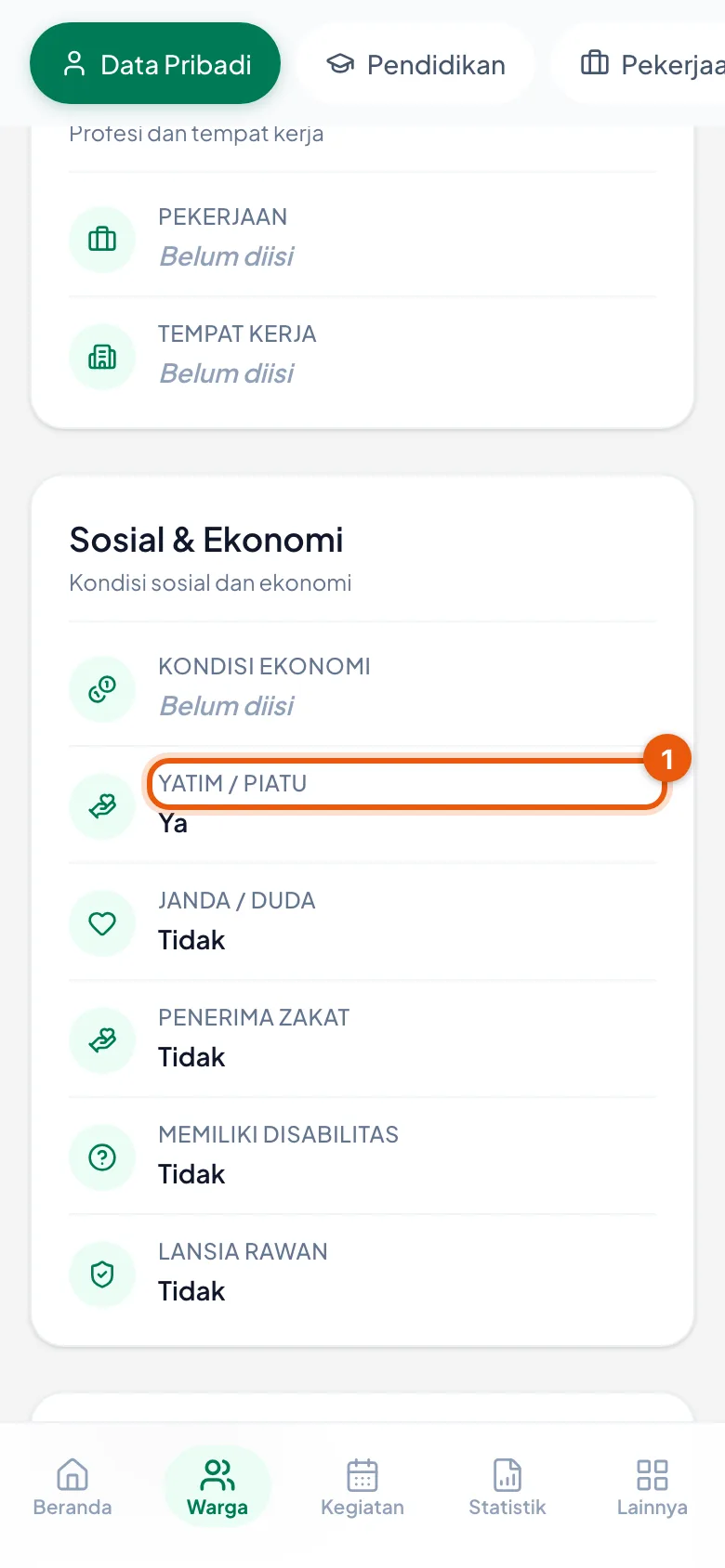Baris Yatim / Piatu di bagian Sosial & Ekonomi berubah jadi Ya, tanpa pernah diisi siapa pun.