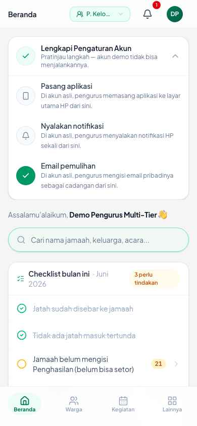 Membuka panel dari chip, berpindah lingkup Desa, lalu beralih ke Mode Jamaah.
