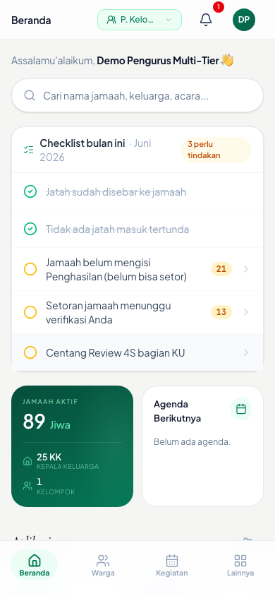 Mengetuk kotak pencarian, mengetik nama, lalu membuka hasil jamaah.